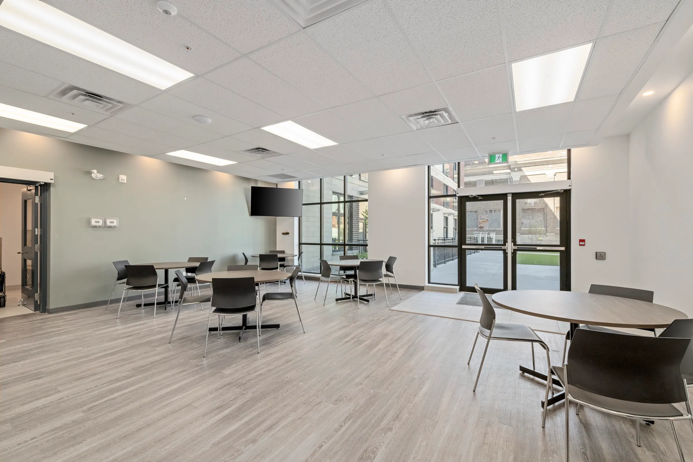 A bright shared amenity room inside the building