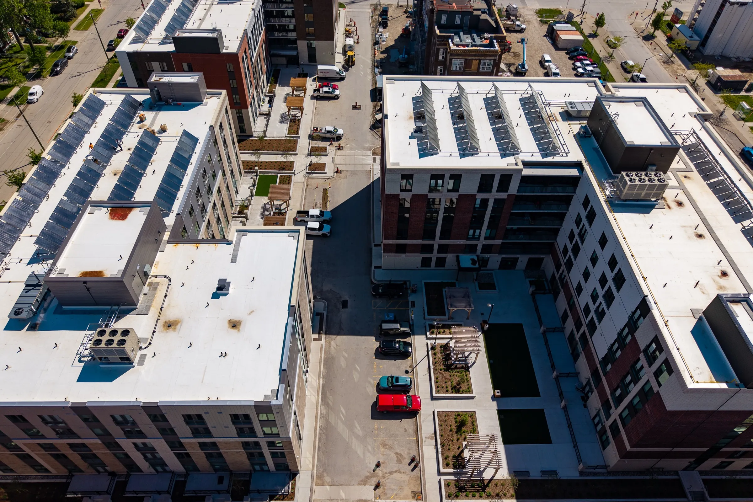 The neighbourhood from the air, looking south toward the highway